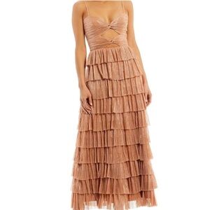 Gianni Bini Grace Metallic Plisse Sweetheart Neck Cut-Out Tiered Dress